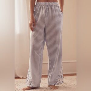 Anthropologie Floral Embroidered Striped Blue and White PJ Boxer Pants